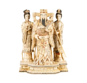 A Chinese Bone Veneered Emperor with Attendants