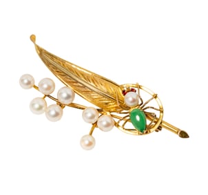 14 Karat Yellow Gold Jade, Pearl, and Ruby Spider Brooch