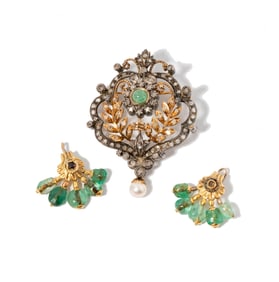 Silver Topped Emerald and Diamond Pendant/Brooch With Accents