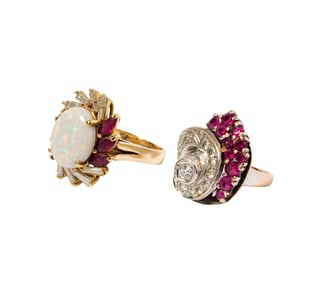 Two 14 Karat Gold Diamond and Ruby Rings