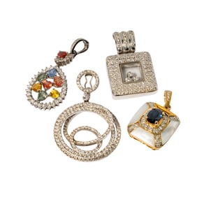 Group of Four Assorted Gold Diamond and Multi-stone Pendants