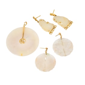 A Group of 14 Karat Gold, White Jade Jewelry