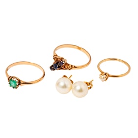 Group Of Three Rings and One Pair Of Pearl Earrings