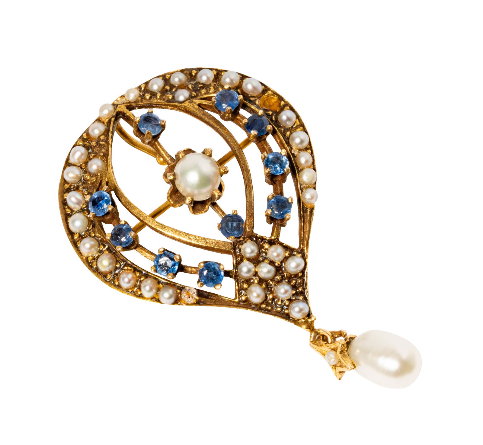 14 Karat Yellow Gold Pearl and Spinel Hot Air Balloon Pendant/Brooch: Including multiple cultured pearls and 10 round sapphires weighing approximately 0.30 carats; brooch measuring 43.60mm tall, and weighing 6.8 grams;