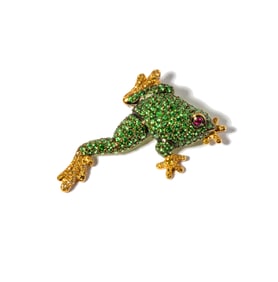 18 Karat Yellow Gold, Tsavorite, Diamond and Ruby Frog Brooch