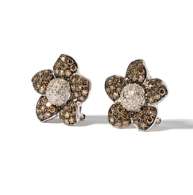 Pair of 14 Karat White Gold, Black Rhodium, and Diamond Flower Earrings