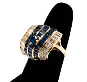 14 Karat Yellow Gold, Diamond and Sapphire Ring