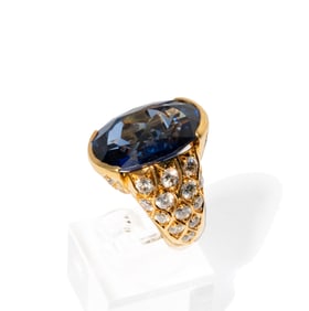 French 18 Karat Yellow Gold, Synthetic Sapphire, and Diamond Ring