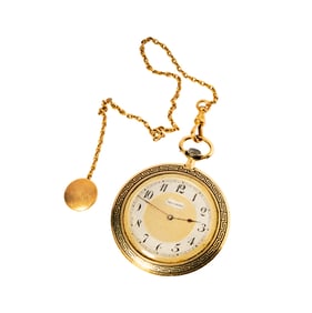 18 Karat Yellow Gold and Black Enamel Pocket Watch, with 14K Watch Chain