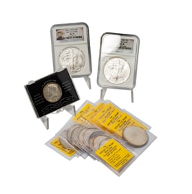 Group Of 10 Silver Morgan Dollars, Two Silver Mint coins, and One Kennedy Coin