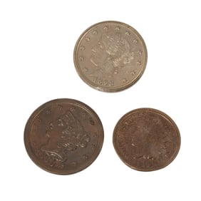1853 Braided Hair Half Cent, 1863 Indian Head One Cent, and 1898 Liberty Head Five Cent
