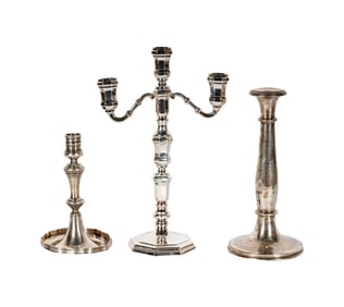 A Pair of Austrian Silver Candlesticks and a Sterling Candelabrum