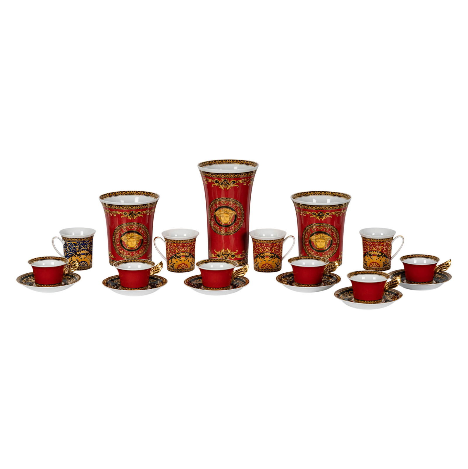 A Group of Versace Porcelain: comprising three vases (Largest: 10 1/4 high), six teacups, four coffee cups (3 3/4 in. high), and six saucers [19 pieces]