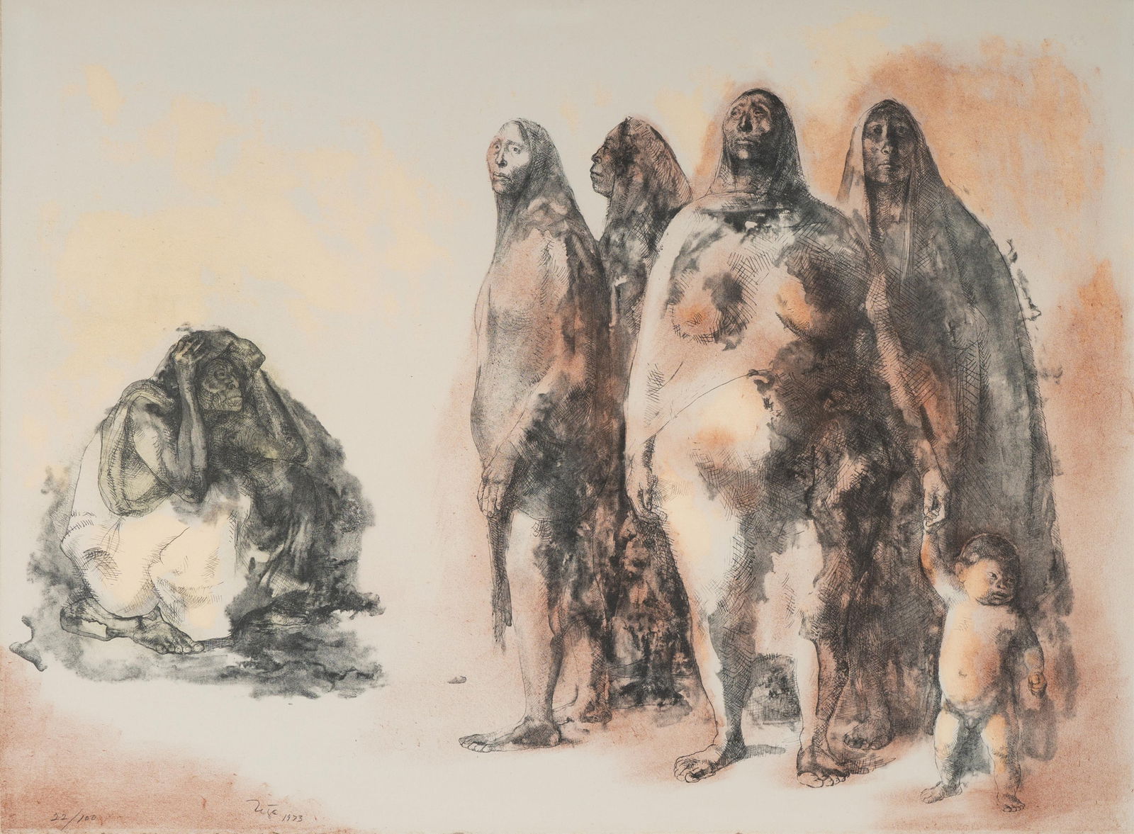 Francisco Zuniga, 1912-1998, Mujeres de Mexico: lithograph in colors 1973; ed. 22/100; signed, dated, and numbered in the image 22 1/4 x 30 1/4 in. (56.5 x 76.8 cm.) Frame: 30 x 37 3/4 in. (76.2 x 95.9 cm.)