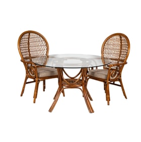 A Rattan and Bamboo Breakfast Table and Two Chairs