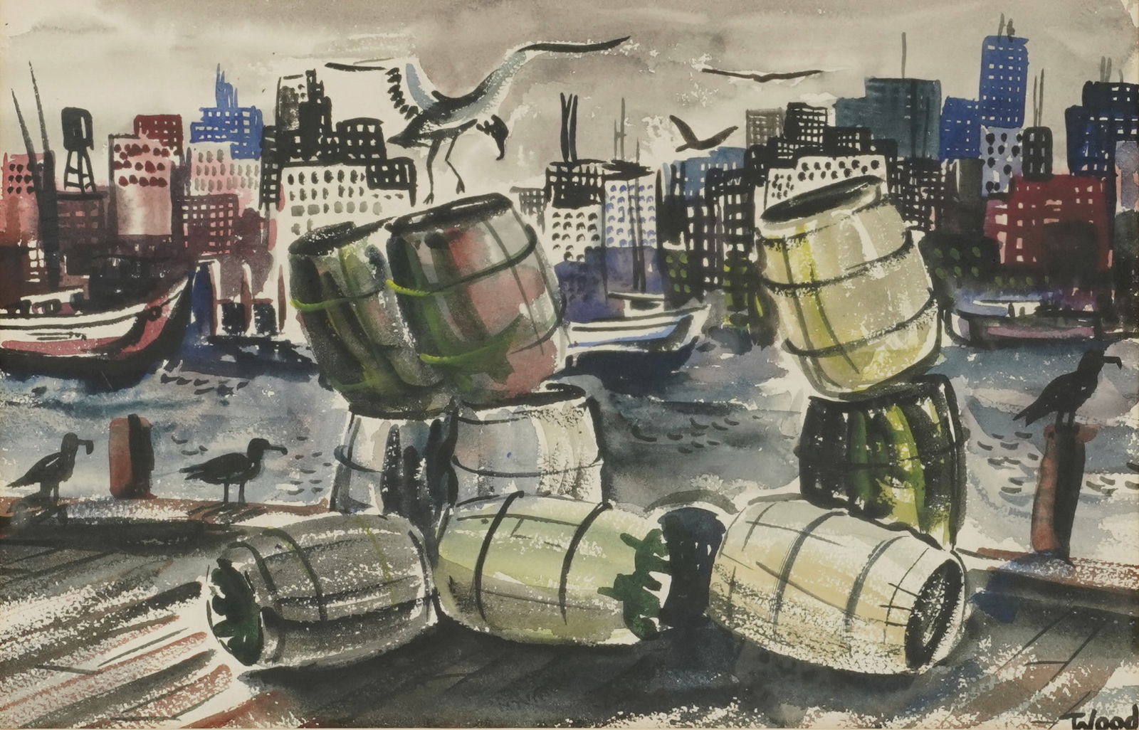 Robert William Wood, American 1889-1979, Along the Docks: watercolor on paper signed lower right Sight: 13 1/4 x 20 1/2 in. (33.7 x 52.1 cm.) Frame: 21 1/2 x 28 1/4 in. (54.6 x 71.8 cm.)