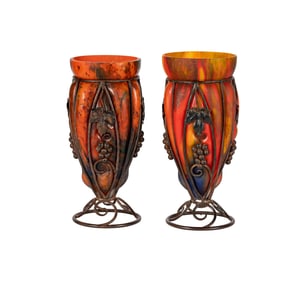 Larry Flynt: A Pair of French Art Deco Iron and Art Glass Vases
