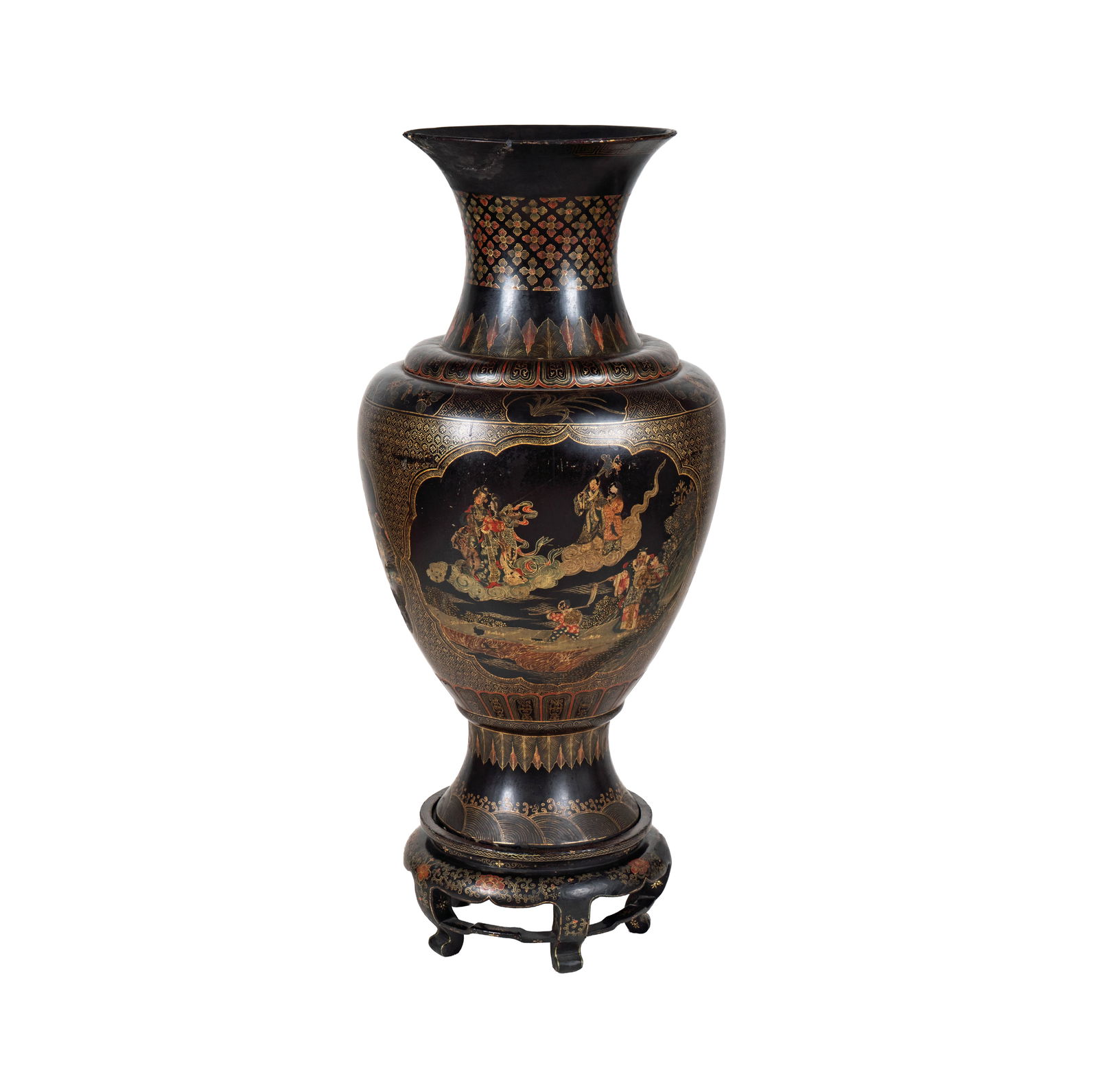 A Chinoiserie Papier Mache Temple Vase: on stand Overall: 50 1/4 x 22 in. (127.6 x 55.9 cm.)