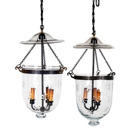 A Pair of English Etched Glass and Metal Ceiling Lanterns