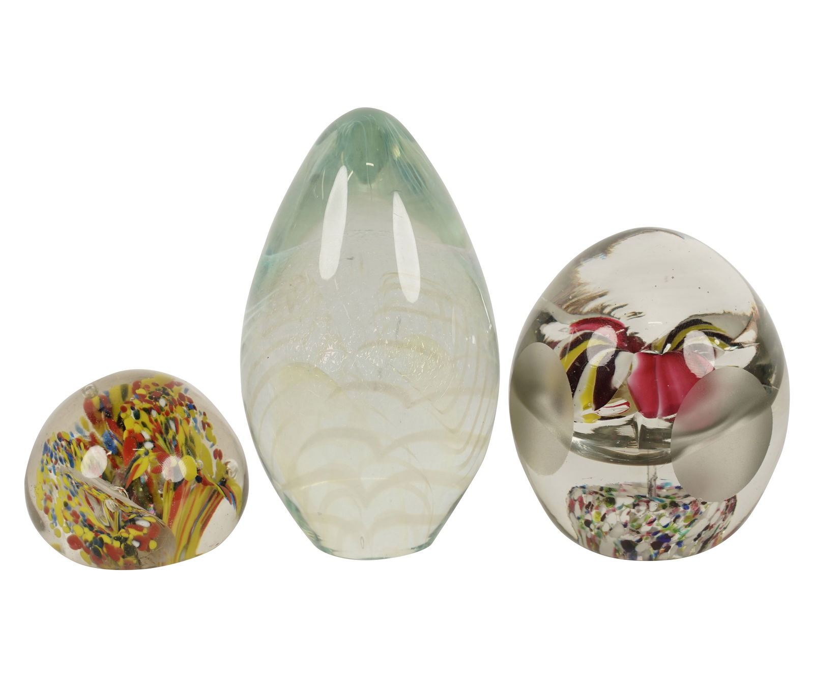 Three Art Glass Paperweights: two signed illegibly and one unsigned Largest: 4 3/4 x 2 3/4 in. (12.1 x 7 cm.)