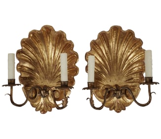 A Pair of Italian Giltwood Twin-Light Sconces