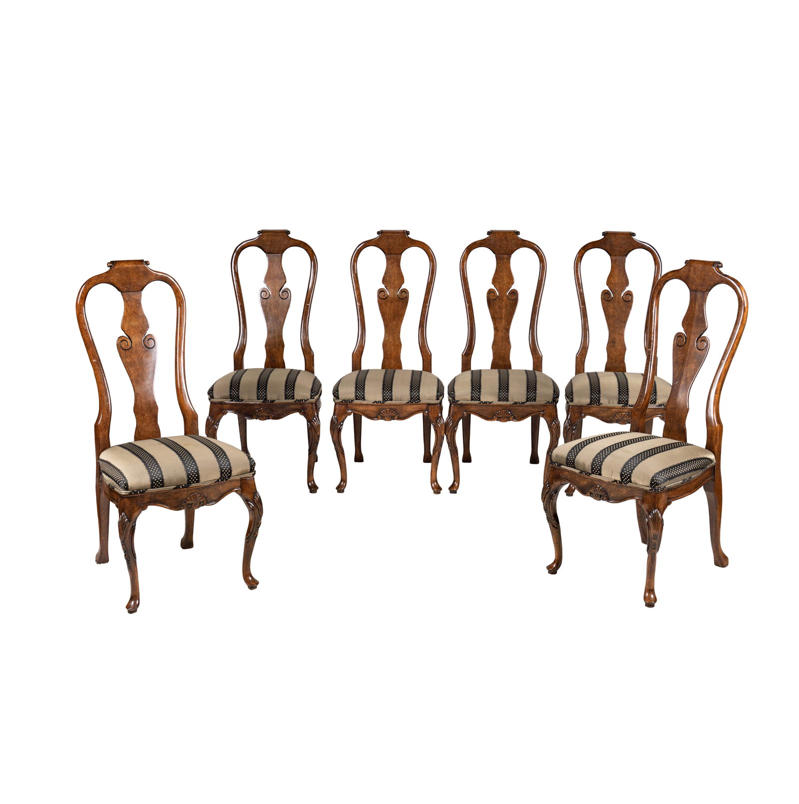 A Set of Six Queen Anne-Style Dining Side Chairs: covered in striped fabric 43 x 18 x 20 in. (109.2 x 45.7 x 50.8 cm.) Seat height: 19 in. (48.3 cm.)