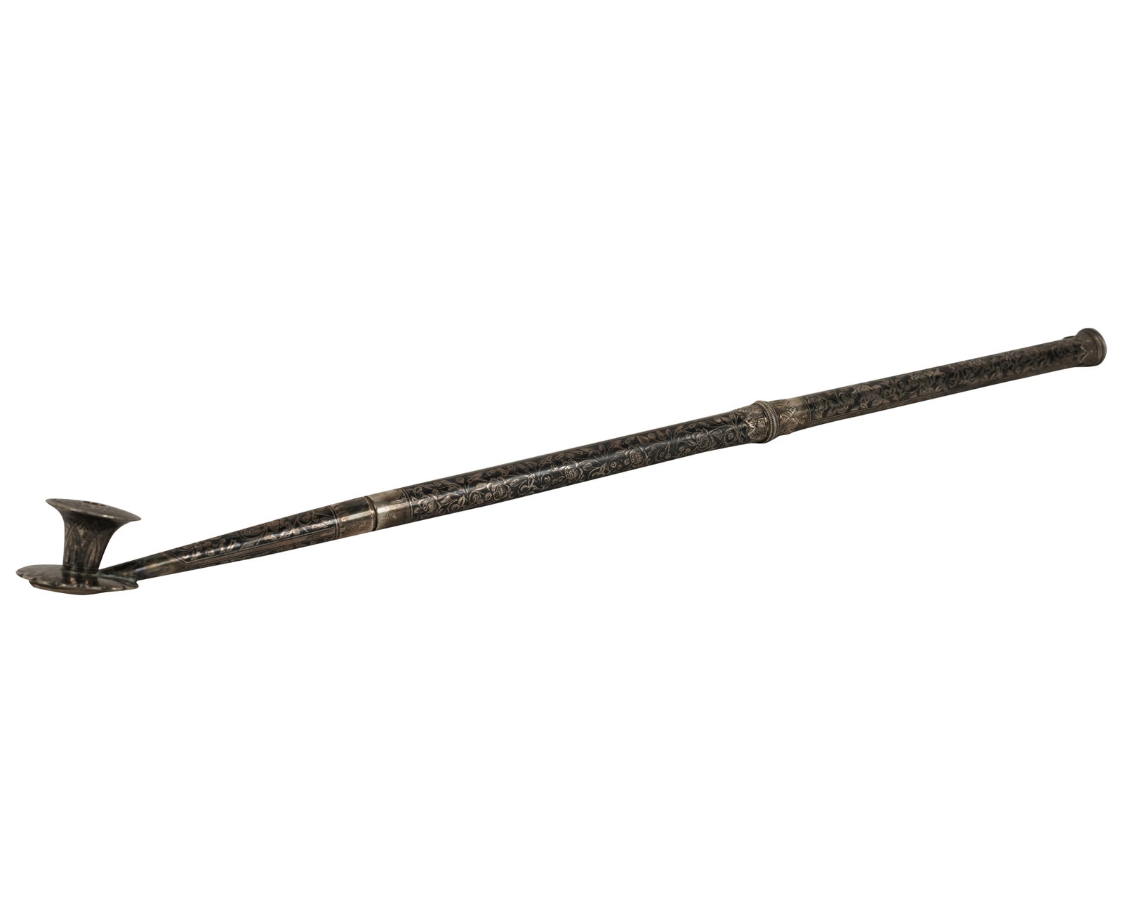 A Persian Silver Niello Opium Pipe: marked; Approximately 180 grams 18 in. (45.7 cm.) long