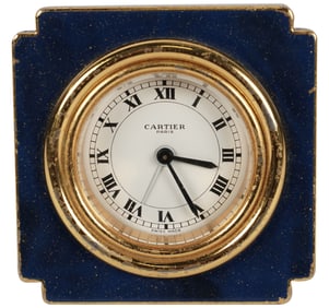 A Cartier Blue-Enameled and Gilt Brass Travel Clock