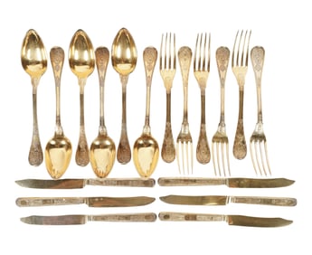 An Assembled Continental Silver Gilt Partial Flatware Service