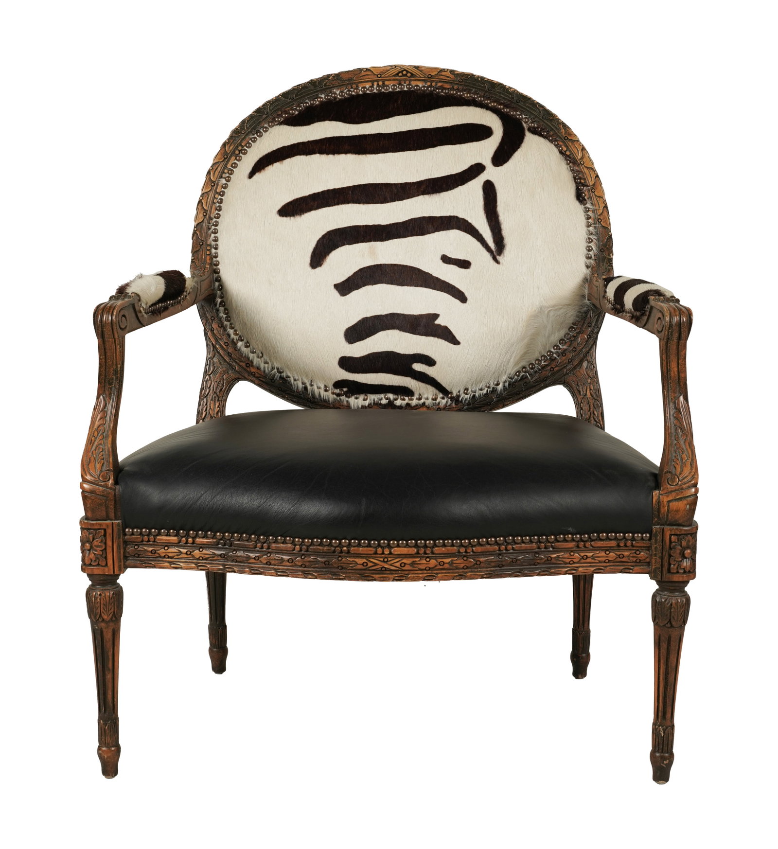 A Louis XVI-Style Fauteuil: covered with hide and leather 40 x 33 x 28 in. (101.6 x 83.8 x 71.1 cm.) Seat Height: 17 1/2 in. (44.5 cm.)