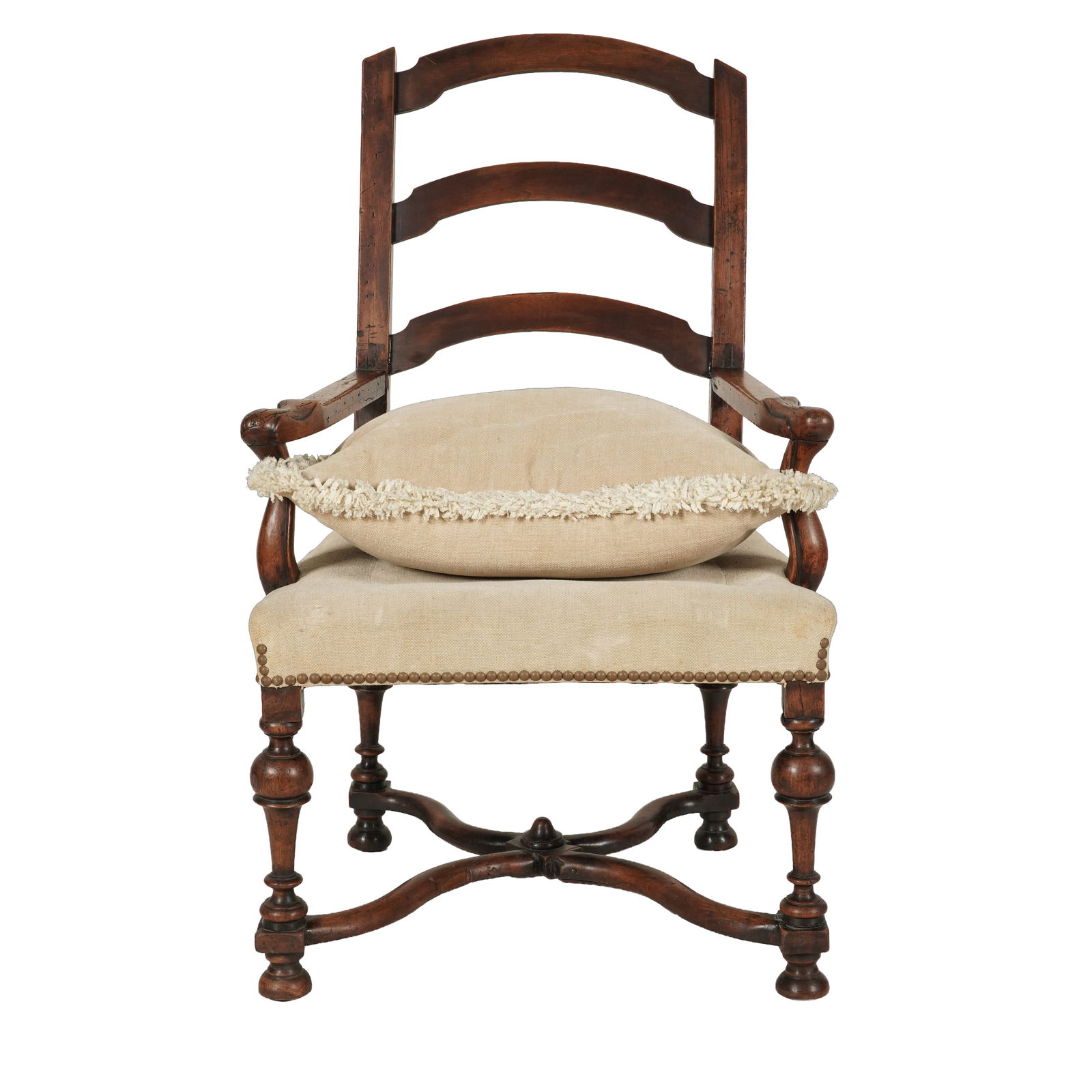 A Provincial Ladder Back Chair: walnut, cream colored fabric 40 1/2 x 24 1/2 x 20 in. (102.9 x 62.2 x 50.8 cm.) Seat height: 18 in. (45.7 cm.)