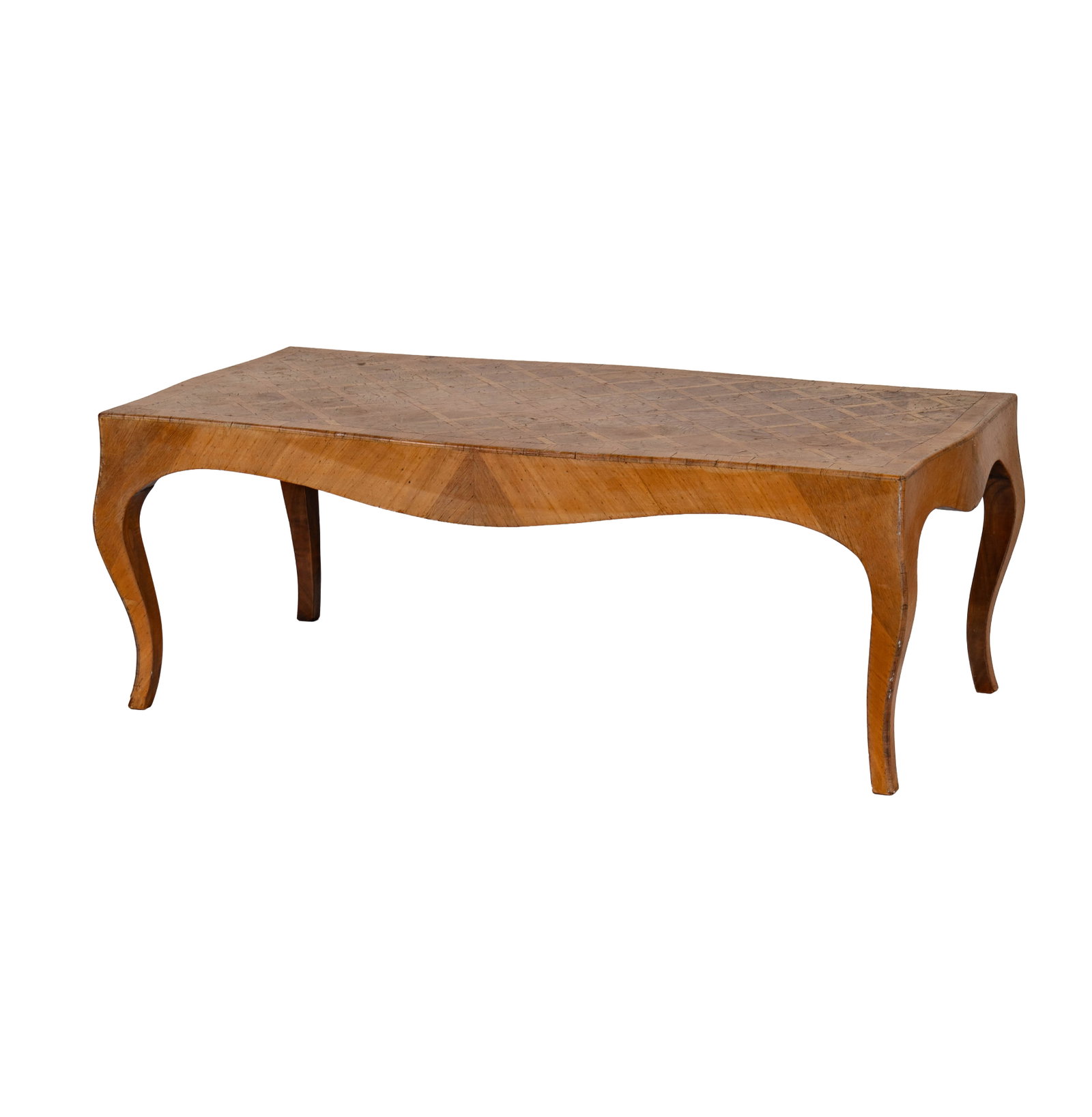 A Fruitwood Parquetry Coffee Table: maker unknown 17 1/2 x 47 1/2 x 23 in. (44.5 x 120.7 x 58.4 cm.)