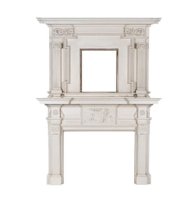 A White-Painted Carved Wood Fireplace Surround with Overmantel