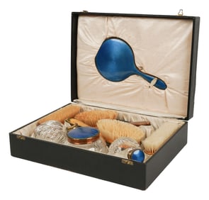 A Blue Guilloche Enamel Dresser Set in Case