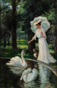 Josephine B. Goodsell, B.1860, Lady with Swans and Dog