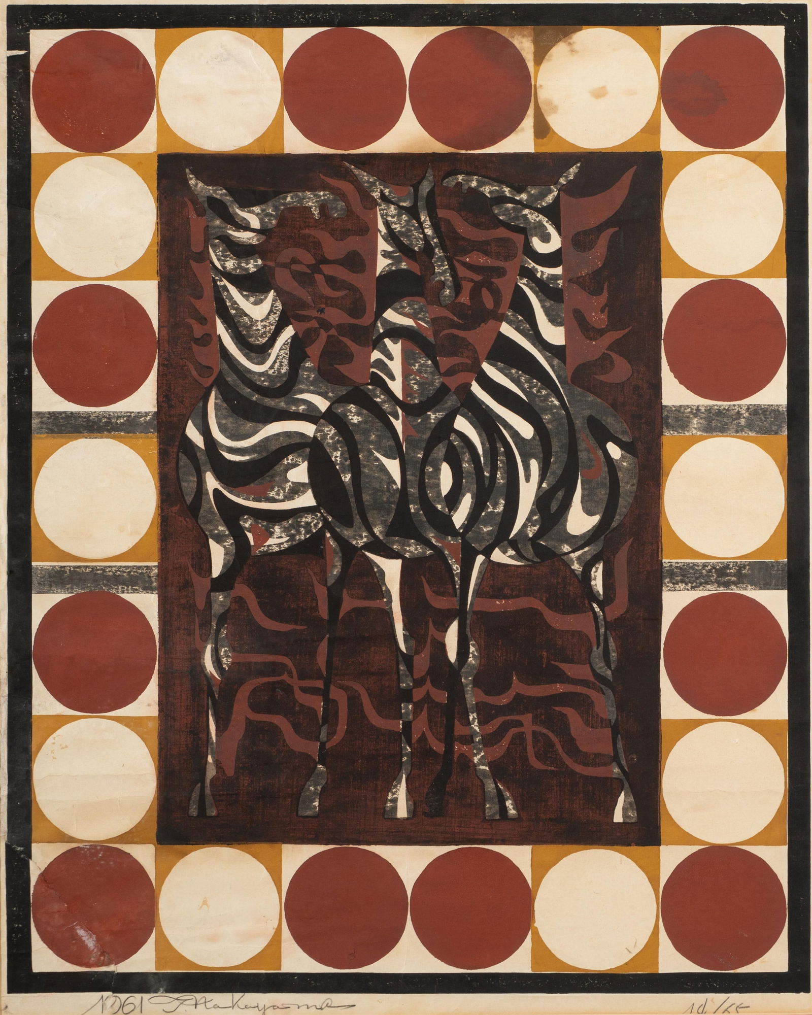 Tadashi Nakayama, Japanese 1927-2014, Flaming Horses: color woodblock print on paper 1961, ed. 14/65, dated and signed in pencil Sight: 29 1/2 x 23 1/2 in. (74.9 x 59.7 cm.) Frame: 37 x 31 1/2 in. (94 x 80 cm.)