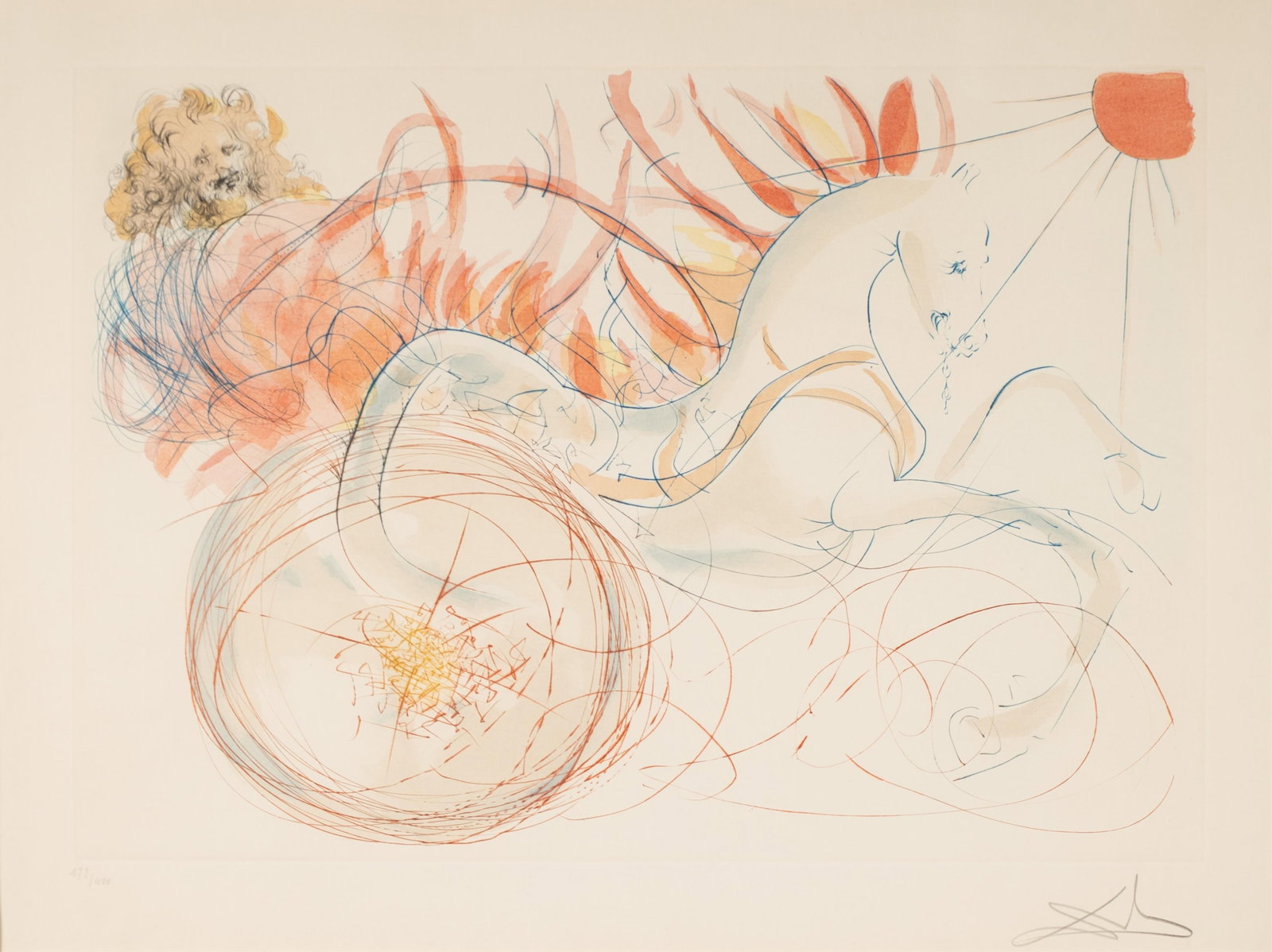 Salvador Dali, Spanish 1904-1989, Elijah and The Chariot: colored etching signed in pencil lower right, ed. 173/400 Sight: 19 x 25 in. (48.3 x 63.5 cm.) Frame: 27 3/4 x 35 1/2 in. (70.5 x 90.2 cm.)