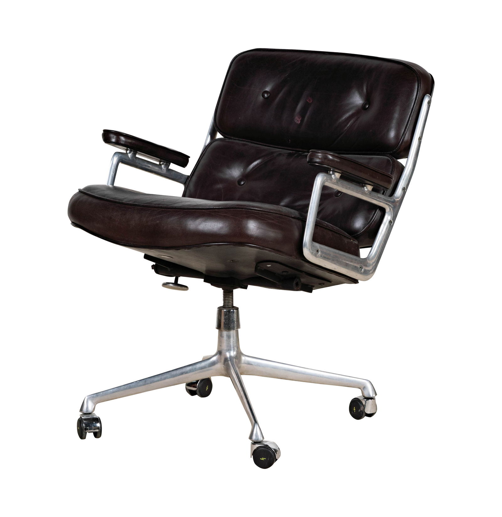 Charles Eames for Herman Miller: Time-Life Executive Chair: Zeeland, MI, 1964; dark brown leather, aluminum; with Herman Miller double ring black metal round label and paper label to underside 38 x 26 1/2 x 24 in. (96.5 x 67.3 x 61 cm.)