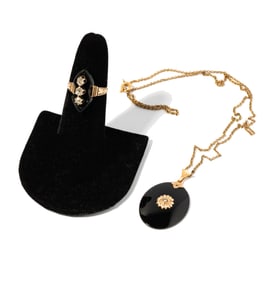 Gold, Onyx and Diamond Ring with Necklace