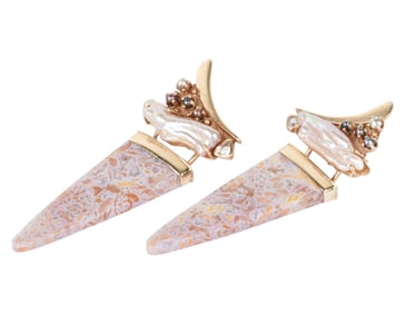 14 Karat Yellow Gold Pearl and Stone Earrings