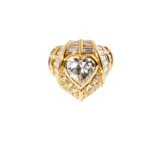 French 18 Karat Yellow Gold, Diamond, and Cubic Zirconia Ring