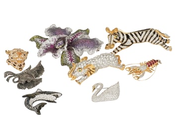 Group Of Eight Designer Costume and Silver Brooches