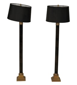 A Pair of French Gilt and Patinated Metal Column Floor Lamps