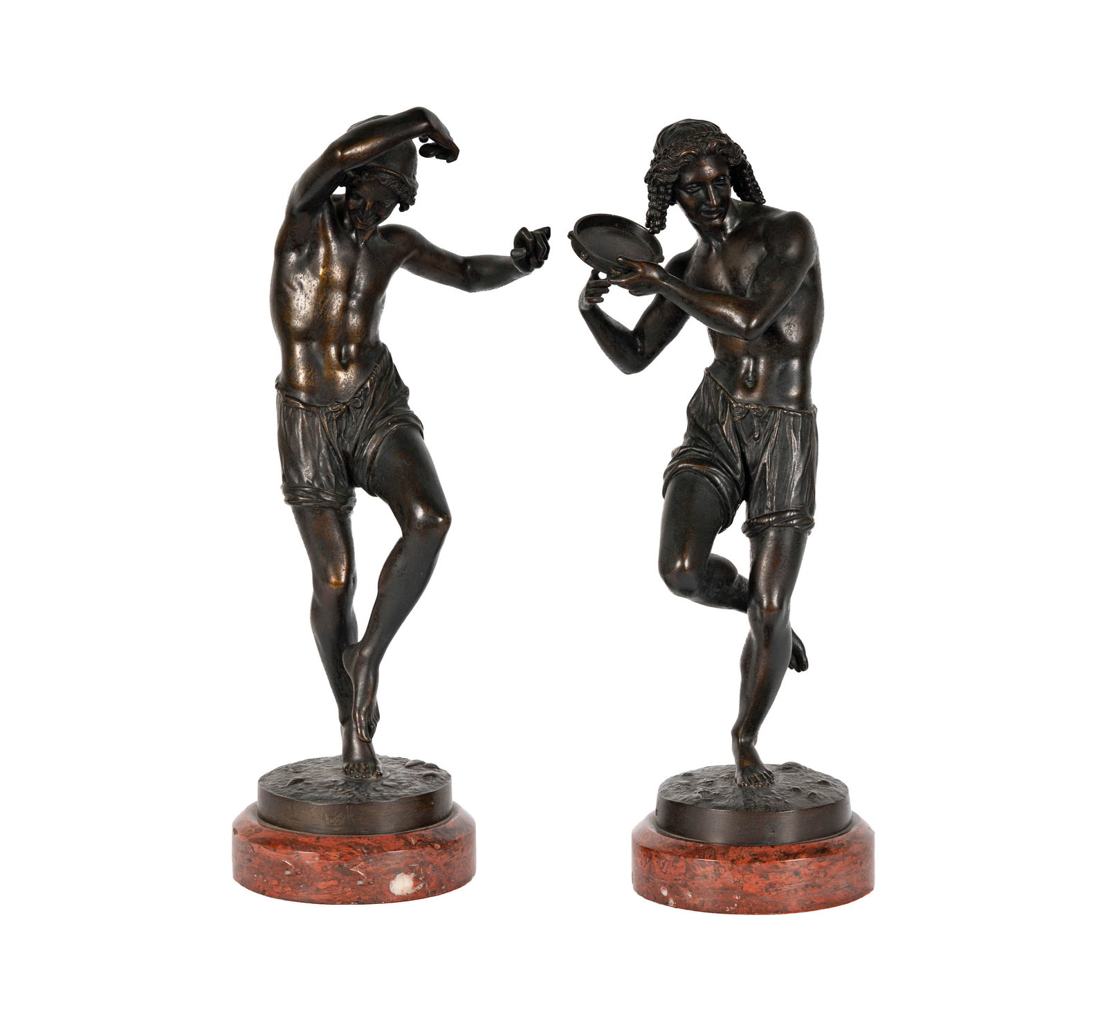 After Francisque-Joseph Duret, 1804 - 1865, Neapolitan Dancers: metal with brown patina, mounted to rouge marble plinth, second half 19th century; each inscribed in casting "F. Duret" and with foundry mark "Delafontaine" (Auguste-Maximilien Delafontaine, 1813 - 18