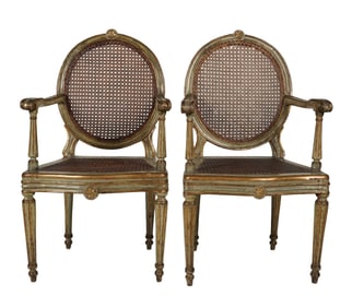 A Pair of Louis XVI-Style Painted and Gilt Fauteuils