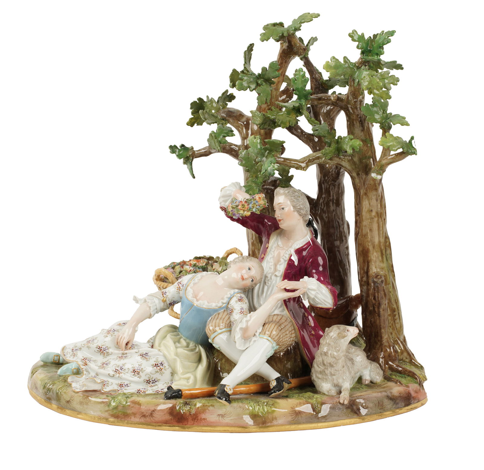 A Meissen Porcelain Figural Group of Lovers: underglaze blue crossed swords mark, incised "485", impressed "91", red painted "41." 9 3/4 x 9 1/2 x 6 1/2 in. (24.8 x 24.1 x 16.5 cm.)