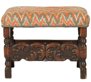 An Antique Carved Wood and Upholstered Bench