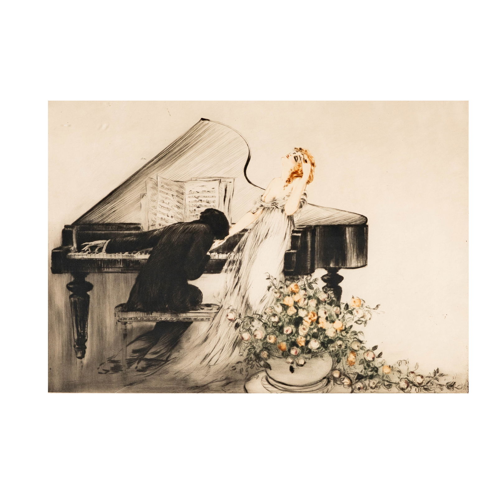 Louis Icart, French/American 1888-1950, Prelude (La Chanteuse et le Pianiste): etching, drypoint, and aquatint signed in pencil lower right, numbered in pencil lower left, ed. 108/150 Sight: 16 1/4 x 22 1/4 in. (41.3 x 56.5 cm.) Frame: 26 1/2 x 32 in. (67.3 x 81.3 cm.)