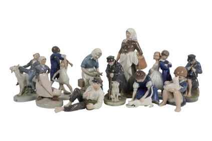 Eleven Royal Copenhagen Porcelain Figurines and a German Figurine