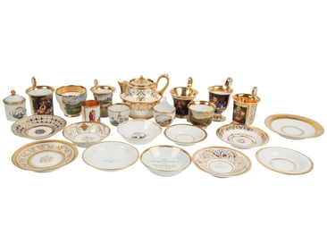 An Assembled Group of Gilt Rim Decorated Porcelain Cups and Saucers with Teapot